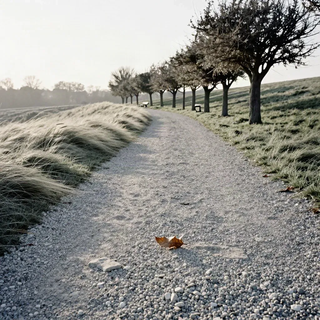 Sentiero di ghiaia in un parco collinare, alberi potati e panchina lontana nel vento del mattino.