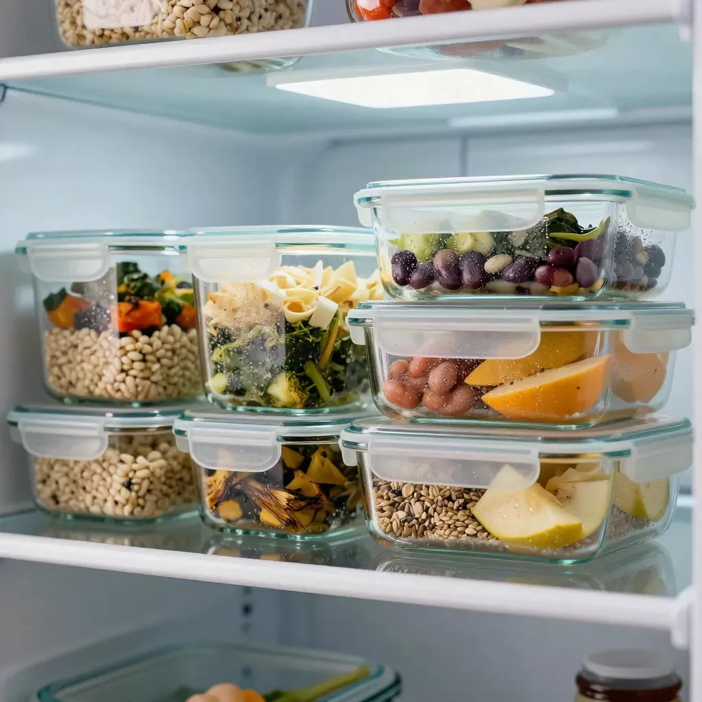 Quattro contenitori di vetro con pasto leggero nel frigo, luce fredda e riflessi morbidi.