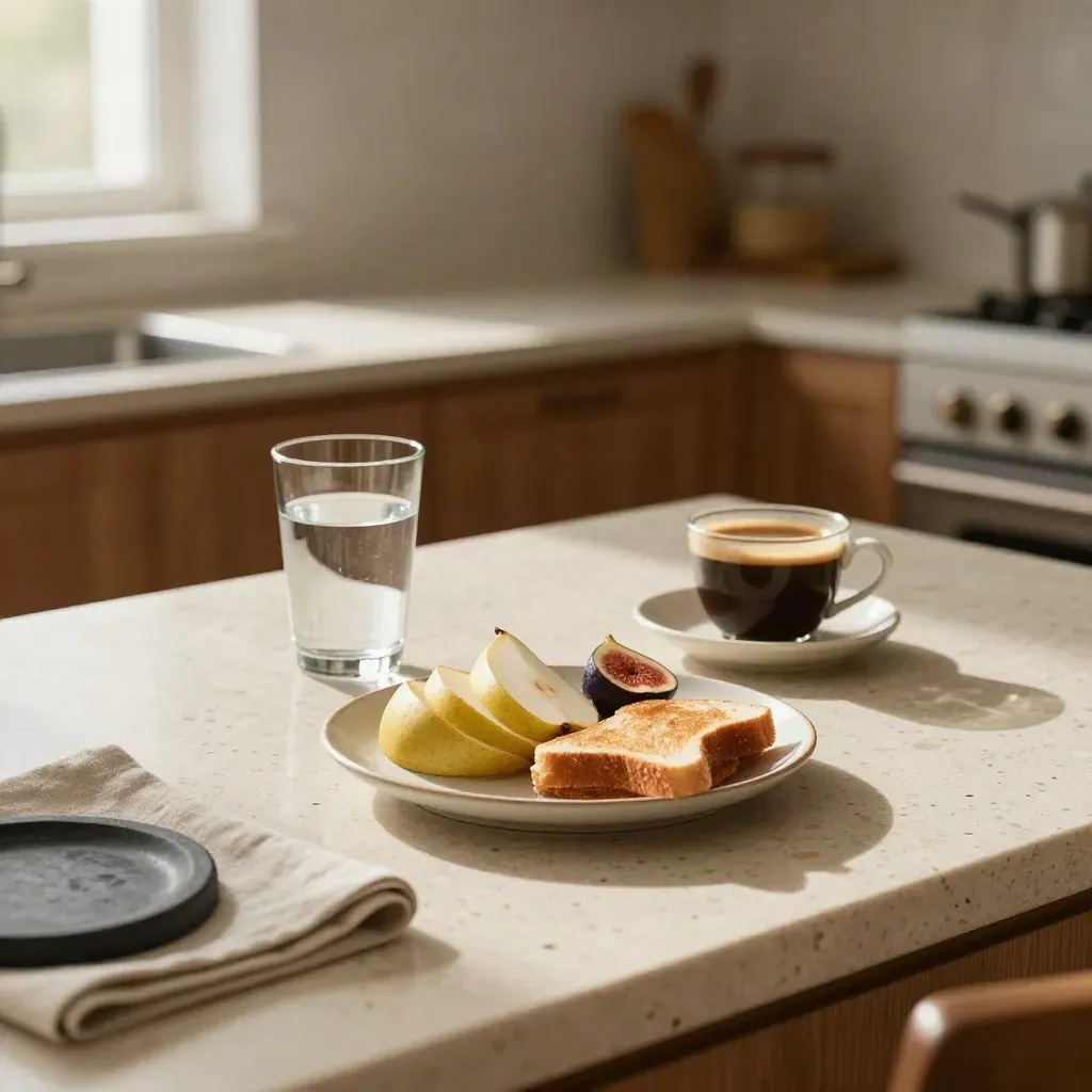 Tavola della colazione con acqua, caffè d'orzo, frutta e toast in cucina luminosa