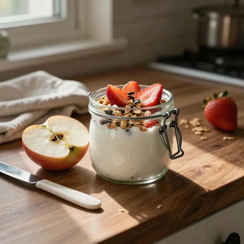Yogurt greco con fragole, semi e granola accanto a mela a spicchi.