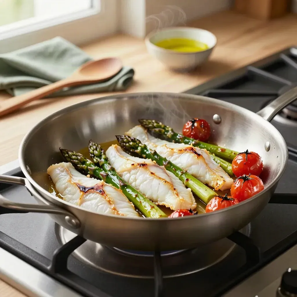 Padella con pesce, asparagi e pomodorini sul fornello, luce calda e vapore leggero.