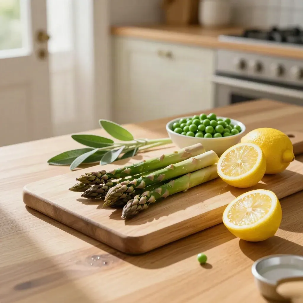 Asparagi, piselli, limoni ed erbette su tagliere chiaro in una cucina luminosa.