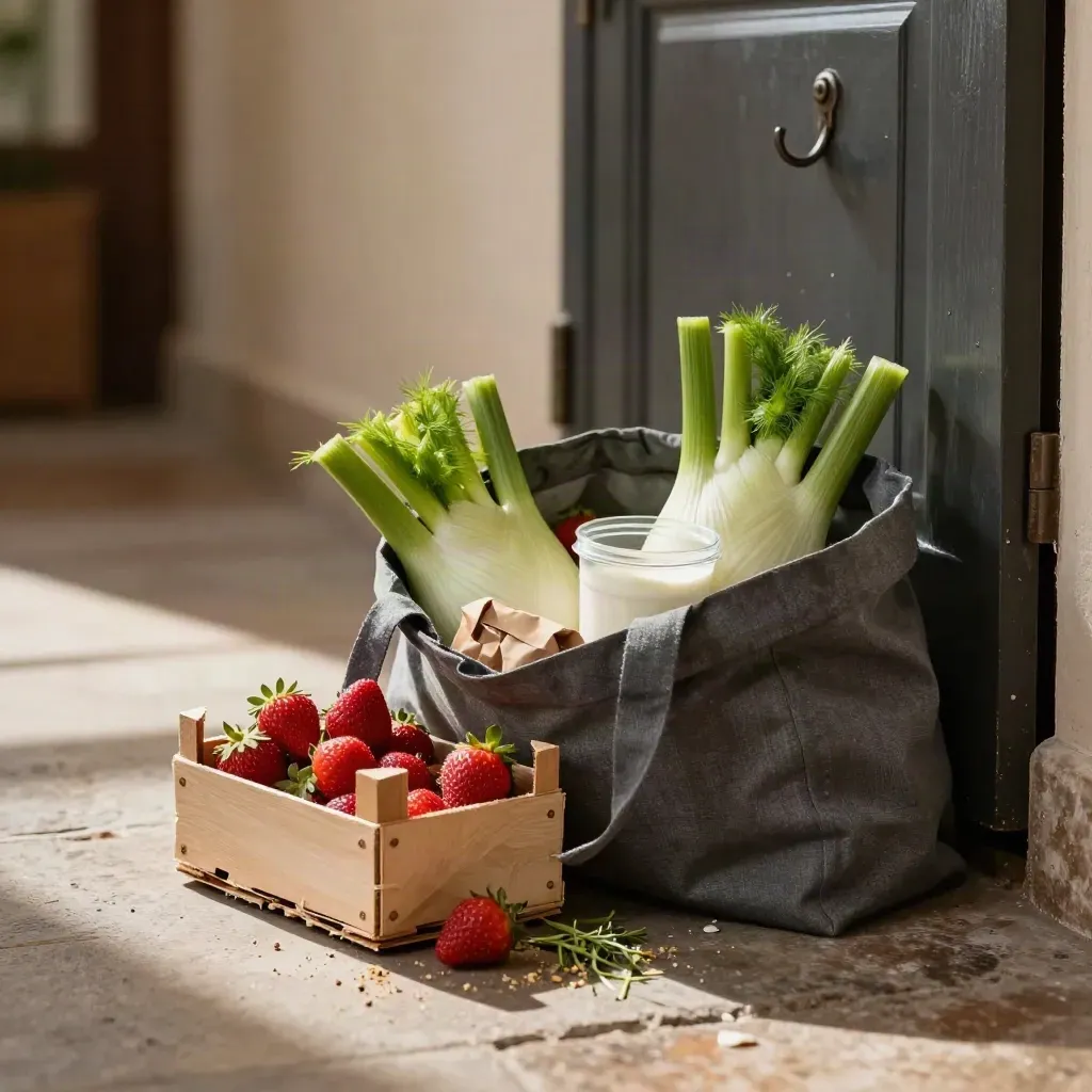 Borsa della spesa in ingresso con fragole, finocchi e yogurt sul pavimento