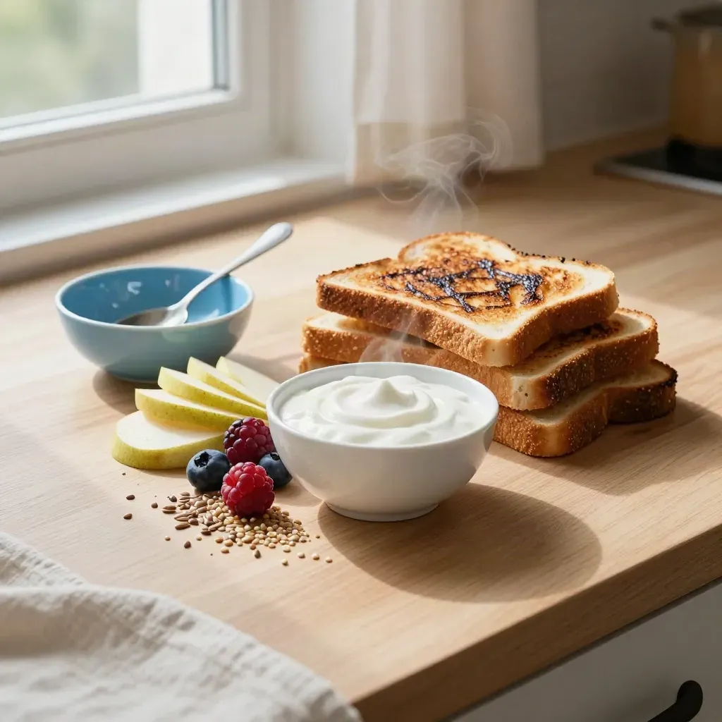 Colazione semplice con pane tostato, yogurt, frutta e semi su tavolo vicino alla finestra.