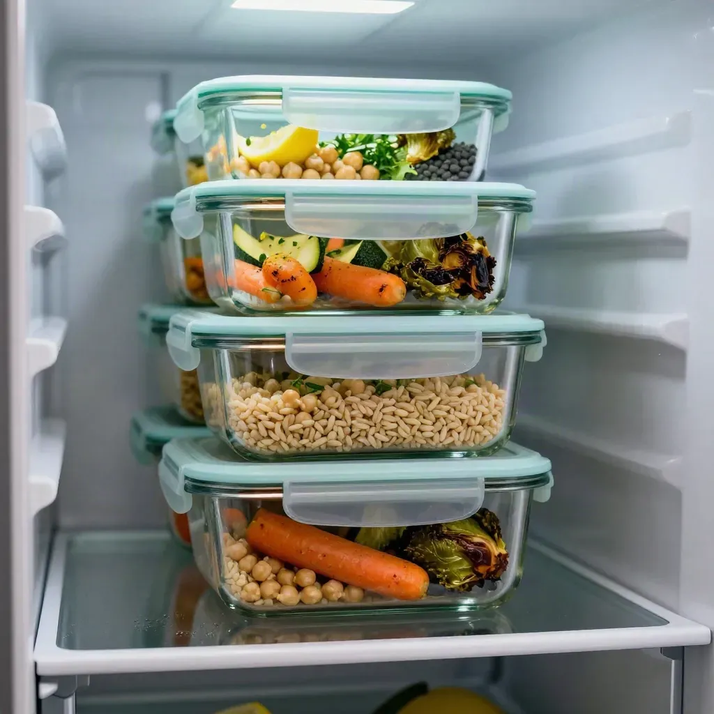 Contenitori in vetro con pasti preparati riposti nel frigo, ordinati e freschi.