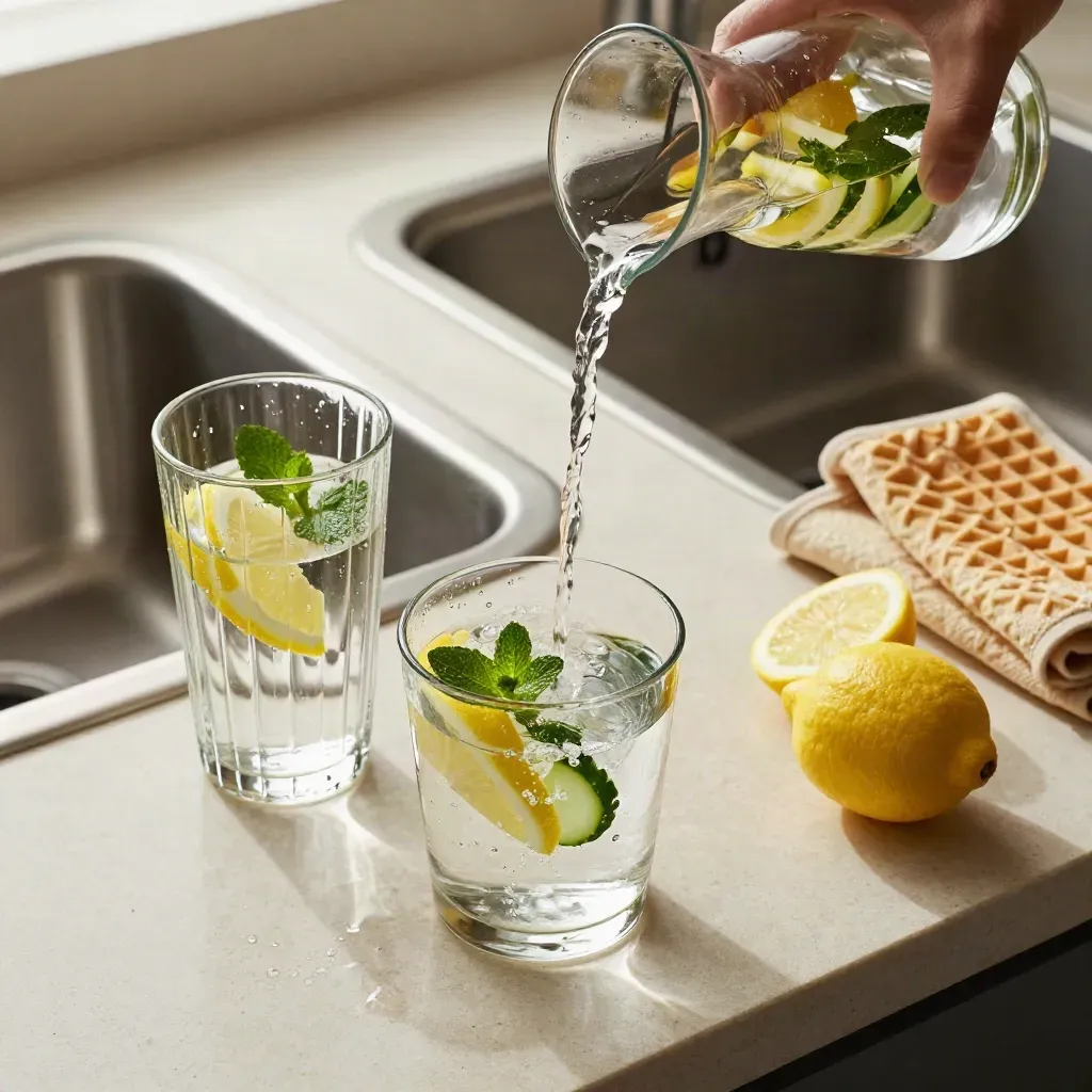 Caraffa d’acqua con bicchieri, cetriolo, limone e menta su piano chiaro vicino al lavello.