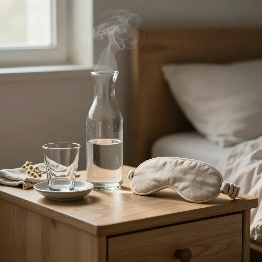Caraffa di vetro, tisana fumante, bicchiere e mascherina occhi su comodino chiaro.
