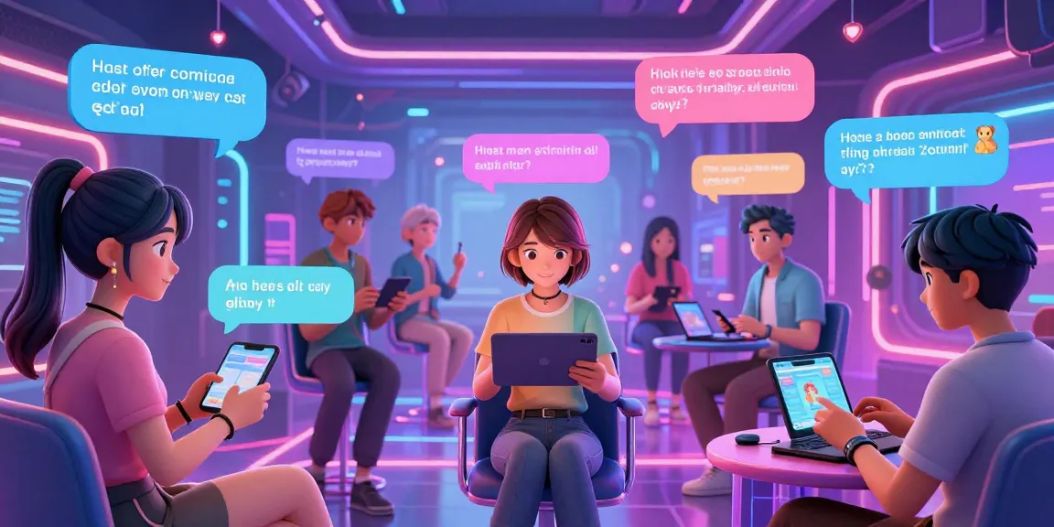 Dynamic AI hentai chat scene showing users engaging with animated characters in vibrant digital space, showcasing lively interaction.