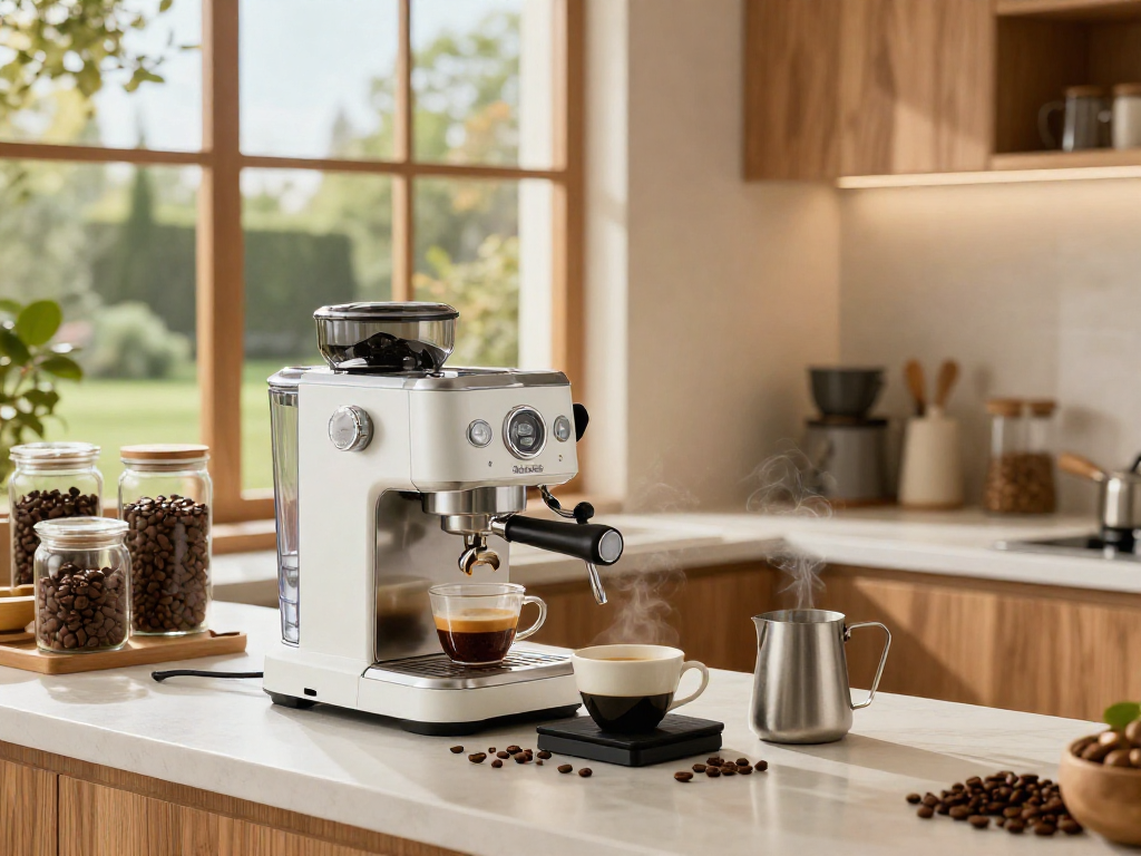 Enjoying the rich coffee experience with ROKOK 88 Espresso Machine in a modern kitchen